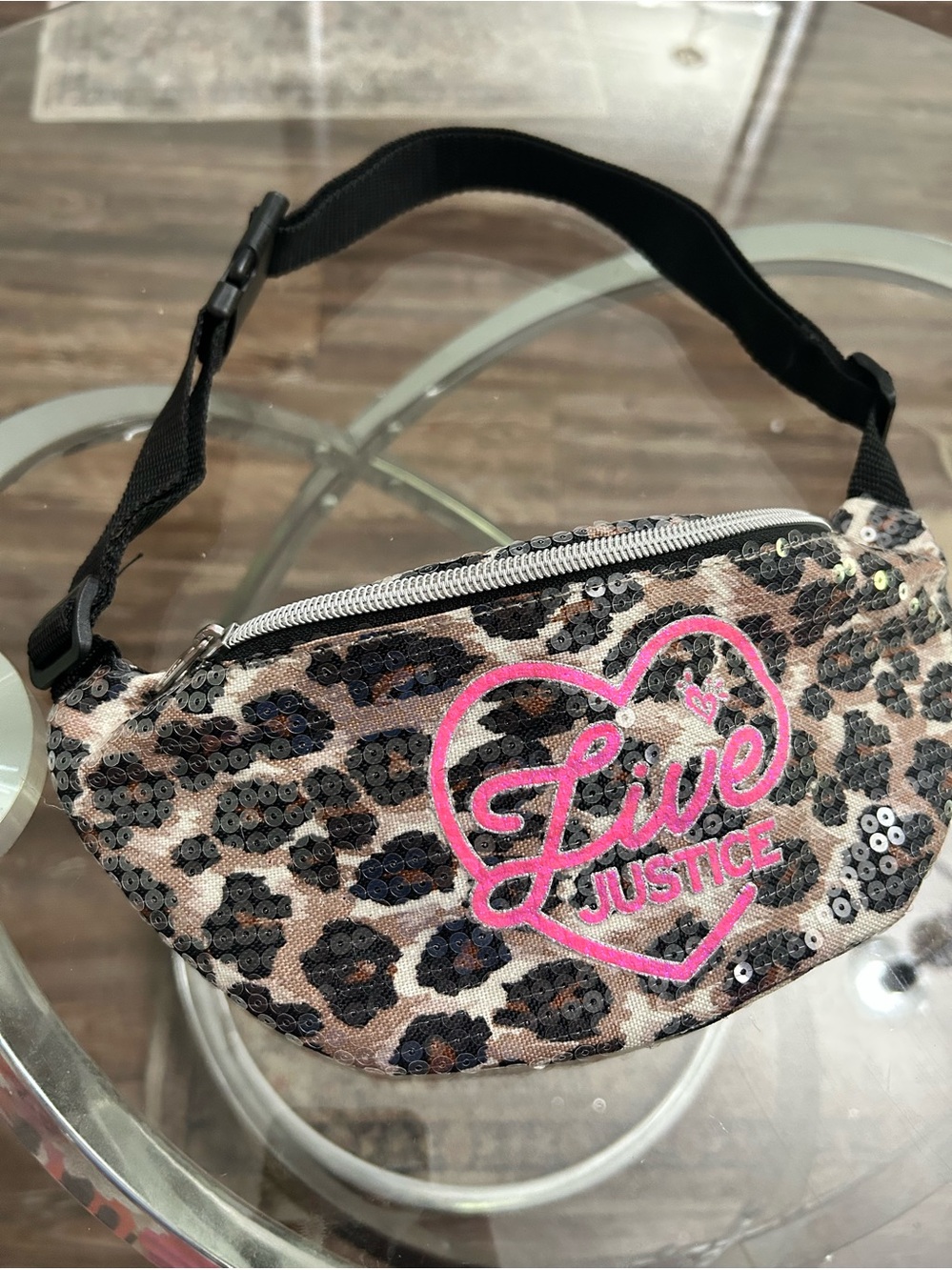 Justice Sequin Leopard Crossbody Belt Bag with Pink 'Live' Heart Logo